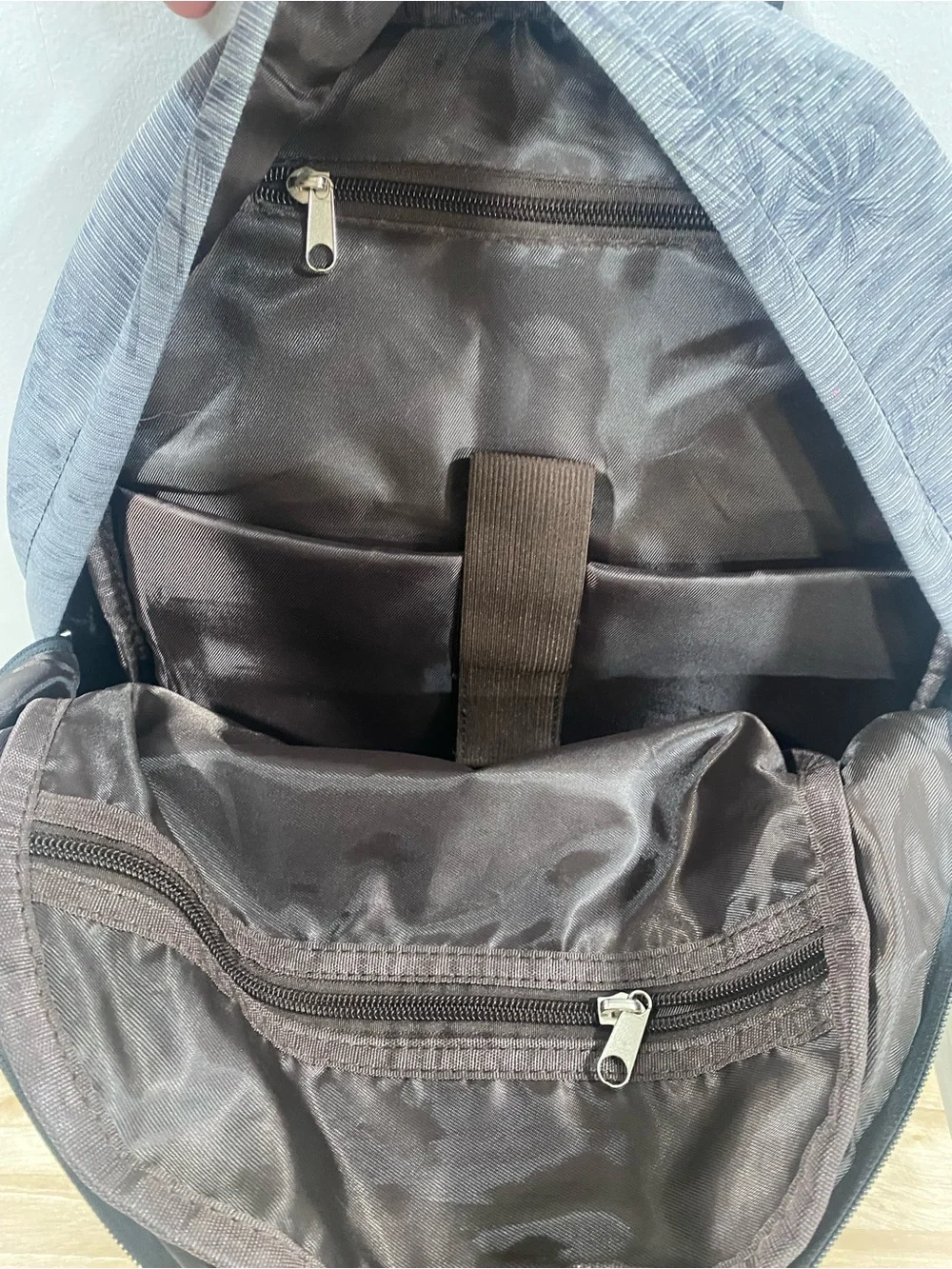 Grey Palm-Print Backpack with Tan Accents